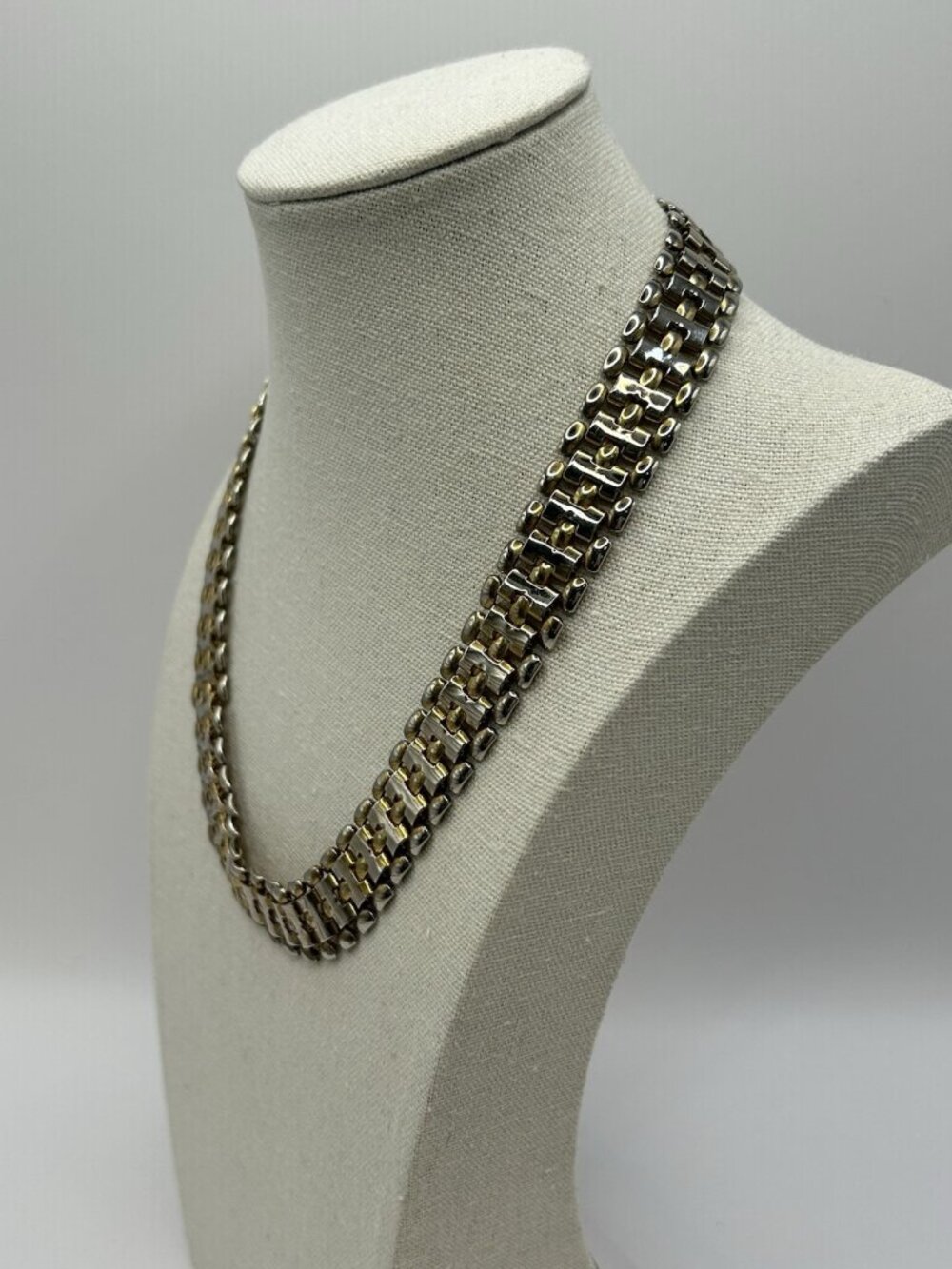 Vintage Two Tone Link Necklace Silver Gold Tone Chunky Statement 17” Bold Panel - Picture 5 of 11